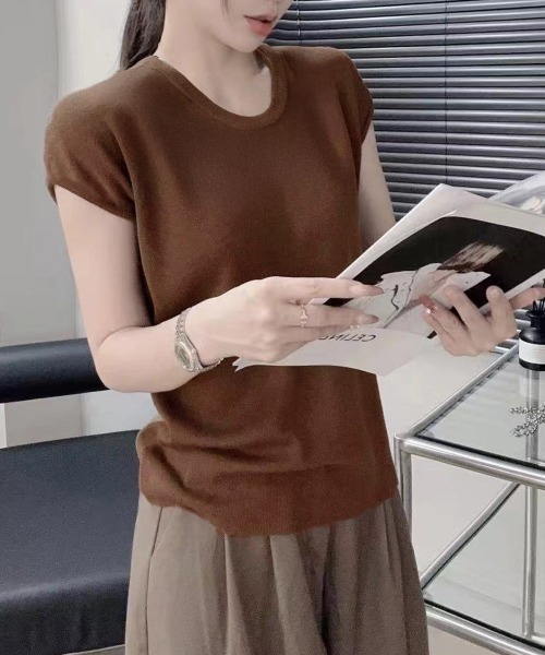 Miniministore（ミニミニストア）の「ニットTシャツ レディース 韓国風 夏服（Tシャツ/カットソー・レディース・ブラック/アイボリー/ベージュ/ブラウン/パープル/グレー・FREE）」の18枚目の写真