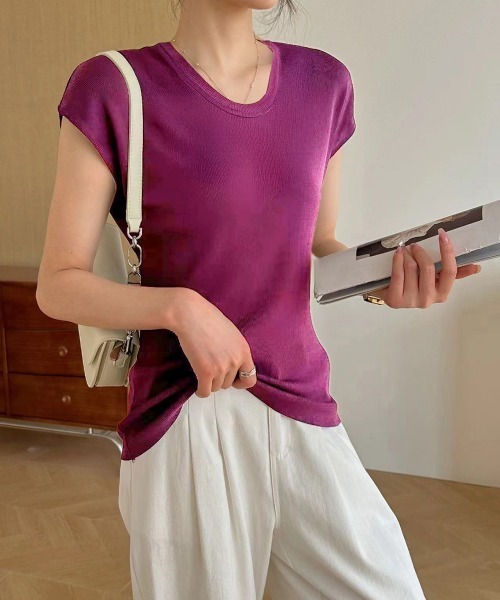 Miniministore（ミニミニストア）の「ニットTシャツ レディース 韓国風 夏服（Tシャツ/カットソー・レディース・ブラック/アイボリー/ベージュ/ブラウン/パープル/グレー・FREE）」の19枚目の写真