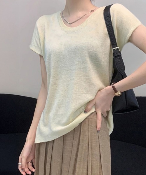 Miniministore（ミニミニストア）の「ニットTシャツ レディース 韓国風 夏服（Tシャツ/カットソー・レディース・ブラック/アイボリー/ベージュ/ブラウン/パープル/グレー・FREE）」の7枚目の写真