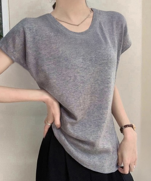Miniministore（ミニミニストア）の「ニットTシャツ レディース 韓国風 夏服（Tシャツ/カットソー・レディース・ブラック/アイボリー/ベージュ/ブラウン/パープル/グレー・FREE）」の8枚目の写真