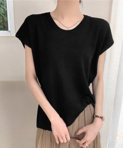 Miniministore（ミニミニストア）の「ニットTシャツ レディース 韓国風 夏服（Tシャツ/カットソー・レディース・ブラック/アイボリー/ベージュ/ブラウン/パープル/グレー・FREE）」の9枚目の写真