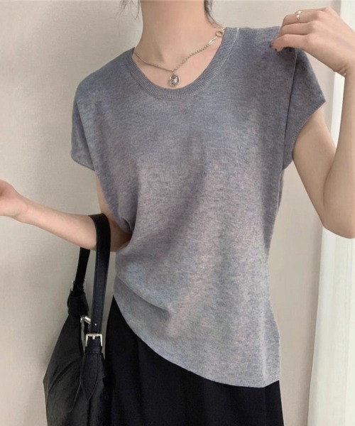 Miniministore（ミニミニストア）の「ニットTシャツ レディース 韓国風 夏服（Tシャツ/カットソー・レディース・ブラック/アイボリー/ベージュ/ブラウン/パープル/グレー・FREE）」の10枚目の写真