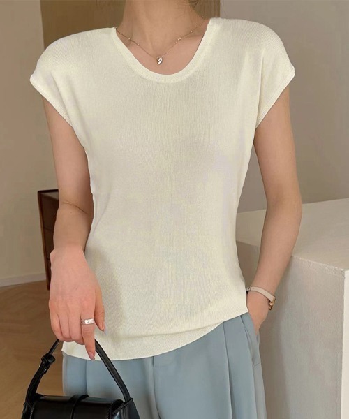 Miniministore（ミニミニストア）の「ニットTシャツ レディース 韓国風 夏服（Tシャツ/カットソー・レディース・ブラック/アイボリー/ベージュ/ブラウン/パープル/グレー・FREE）」の11枚目の写真