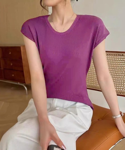 Miniministore（ミニミニストア）の「ニットTシャツ レディース 韓国風 夏服（Tシャツ/カットソー・レディース・ブラック/アイボリー/ベージュ/ブラウン/パープル/グレー・FREE）」の12枚目の写真