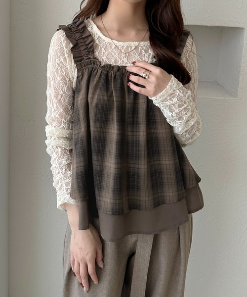 apres jour clair】肩フリルチェックトップス（その他トップス