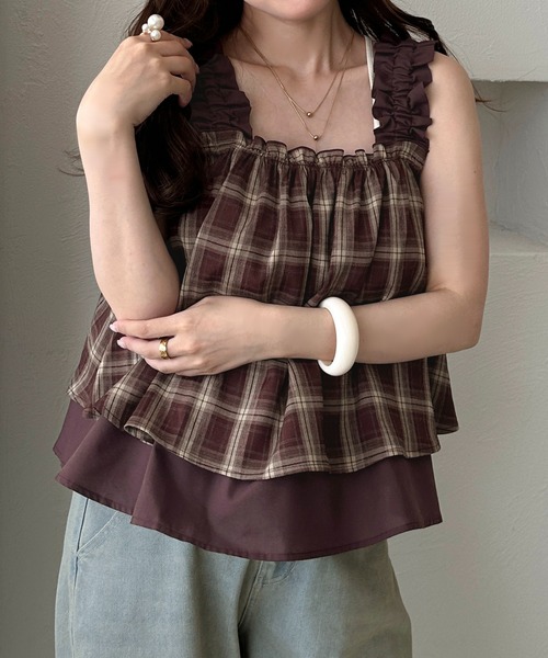 apres jour clair（アプレジュールクレア）の「【apres jour clair】肩フリルチェックトップス（その他トップス・レディース・ブラウン系その他/ブラック系その他/ボルドー・X-LARGE/フリー）」の3枚目の写真