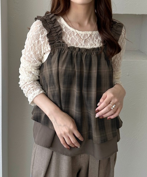 apres jour clair（アプレジュールクレア）の「【apres jour clair】肩フリルチェックトップス（その他トップス・レディース・ブラウン系その他/ブラック系その他/ボルドー・X-LARGE/フリー）」の6枚目の写真
