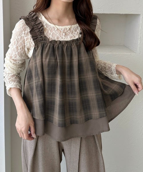 apres jour clair（アプレジュールクレア）の「【apres jour clair】肩フリルチェックトップス（その他トップス・レディース・ブラウン系その他/ブラック系その他/ボルドー・X-LARGE/フリー）」の7枚目の写真