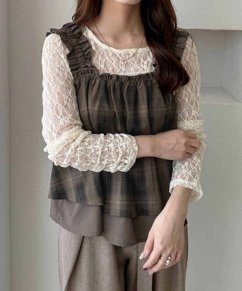 apres jour clair（アプレジュールクレア）の「【apres jour clair】肩フリルチェックトップス（その他トップス・レディース・ブラウン系その他/ブラック系その他/ボルドー・X-LARGE/フリー）」の8枚目の写真
