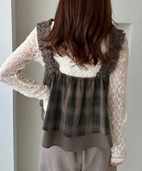 apres jour clair（アプレジュールクレア）の「【apres jour clair】肩フリルチェックトップス（その他トップス・レディース・ブラウン系その他/ブラック系その他/ボルドー・X-LARGE/フリー）」の9枚目の写真