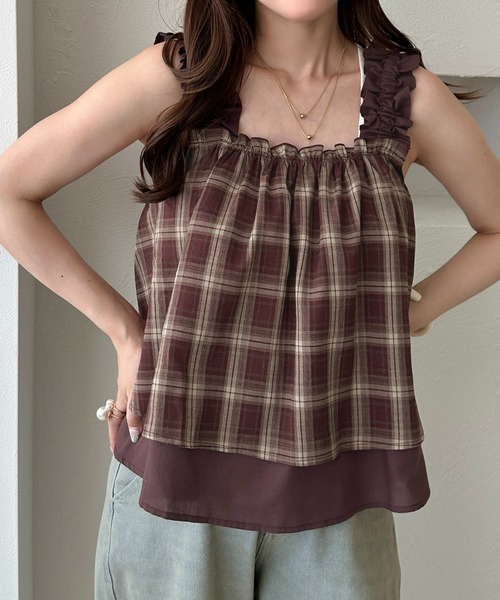 apres jour clair（アプレジュールクレア）の「【apres jour clair】肩フリルチェックトップス（その他トップス・レディース・ブラウン系その他/ブラック系その他/ボルドー・X-LARGE/フリー）」の15枚目の写真