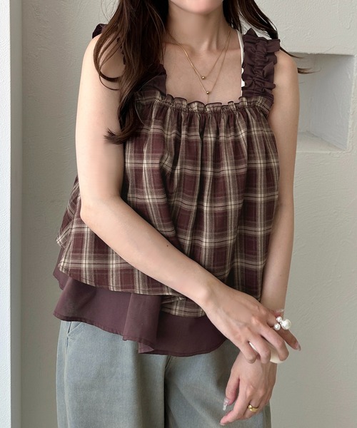 apres jour clair（アプレジュールクレア）の「【apres jour clair】肩フリルチェックトップス（その他トップス・レディース・ブラウン系その他/ブラック系その他/ボルドー・X-LARGE/フリー）」の16枚目の写真
