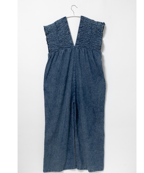 セール】大人カジュアル！胸元シャーリングデニムサロペット
