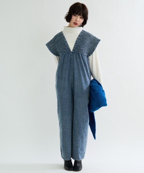 セール】大人カジュアル！胸元シャーリングデニムサロペット