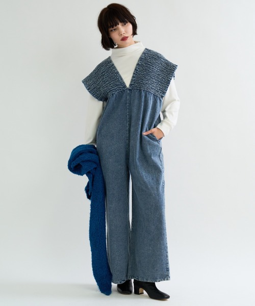 セール】大人カジュアル！胸元シャーリングデニムサロペット