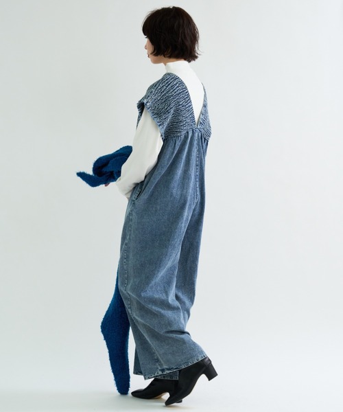 セール】大人カジュアル！胸元シャーリングデニムサロペット