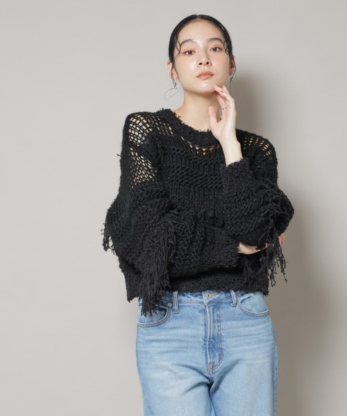 NANO universe(ナノユニバース)の「異素材ボーダーフリンジニットプルオーバー(ニット/セーター・レディース・オフホワイト/ブラック・FREE)」の16枚目の写真
