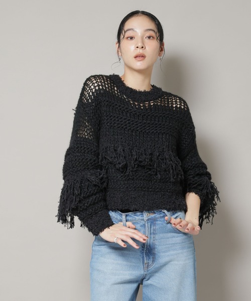 NANO universe(ナノユニバース)の「異素材ボーダーフリンジニットプルオーバー(ニット/セーター・レディース・オフホワイト/ブラック・FREE)」の18枚目の写真