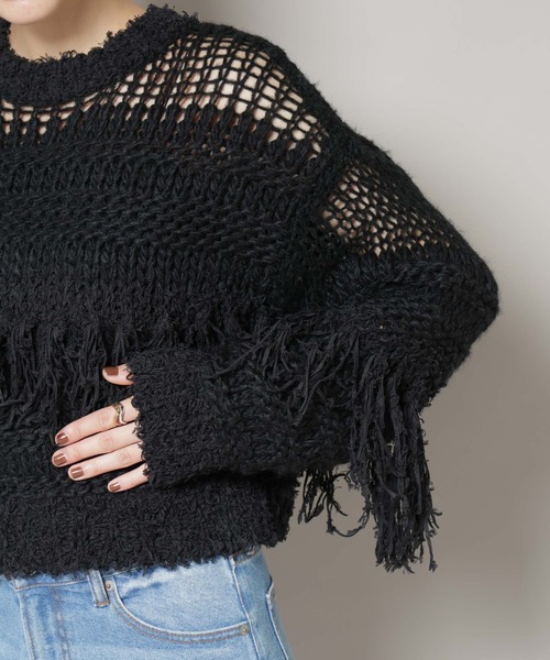 セール】異素材ボーダーフリンジニットプルオーバー（ニット/セーター