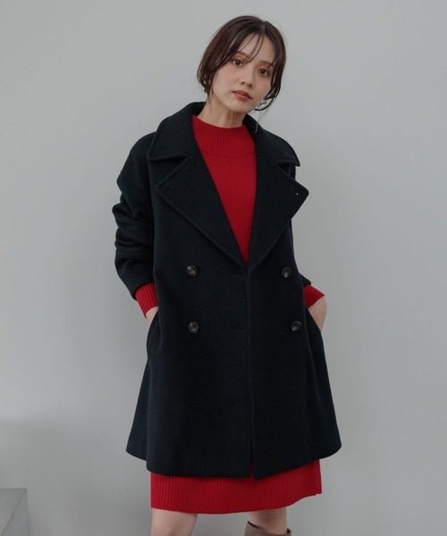 R325/ESCADA ハーフコート ジャケット ウール 38 L 赤紫 秋冬 ビーバーウールハーフコート493955（ピーコート）｜Andemiu