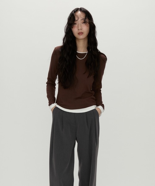 NUJOH(ヌゾ)の「Layered Contrast Long Tee / レイヤードコントラストロンT(Tシャツ/カットソー・レディース・ネイビー/チャコールグレー/ブラウン・FREE)」の3枚目の写真