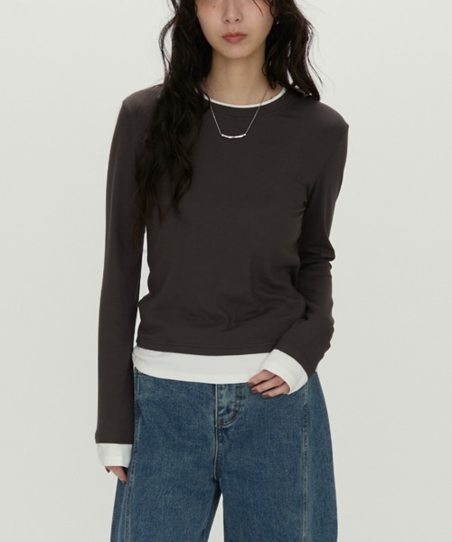 NUJOH(ヌゾ)の「Layered Contrast Long Tee / レイヤードコントラストロンT(Tシャツ/カットソー・レディース・ネイビー/チャコールグレー/ブラウン・FREE)」の2枚目の写真