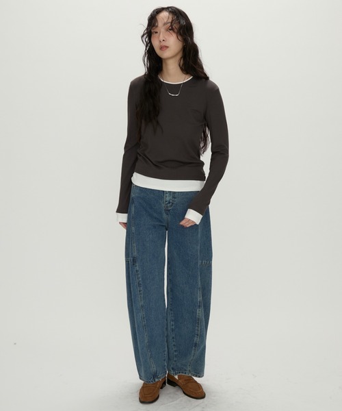 NUJOH(ヌゾ)の「Layered Contrast Long Tee / レイヤードコントラストロンT(Tシャツ/カットソー・レディース・ネイビー/チャコールグレー/ブラウン・FREE)」の4枚目の写真