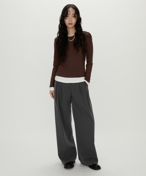 NUJOH(ヌゾ)の「Layered Contrast Long Tee / レイヤードコントラストロンT(Tシャツ/カットソー・レディース・ネイビー/チャコールグレー/ブラウン・FREE)」の10枚目の写真