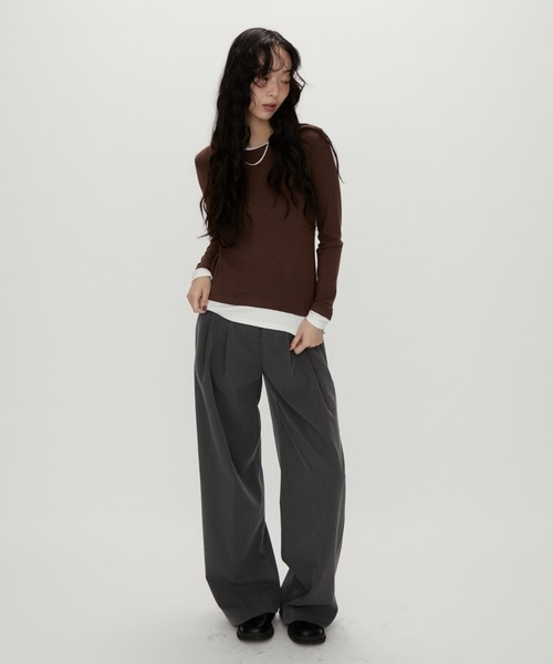 NUJOH(ヌゾ)の「Layered Contrast Long Tee / レイヤードコントラストロンT(Tシャツ/カットソー・レディース・ネイビー/チャコールグレー/ブラウン・FREE)」の13枚目の写真