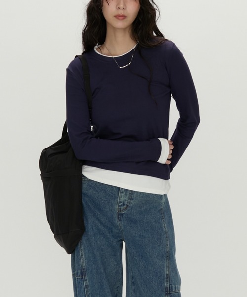 NUJOH(ヌゾ)の「Layered Contrast Long Tee / レイヤードコントラストロンT(Tシャツ/カットソー・レディース・ネイビー/チャコールグレー/ブラウン・FREE)」の21枚目の写真