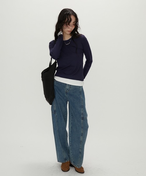 NUJOH(ヌゾ)の「Layered Contrast Long Tee / レイヤードコントラストロンT(Tシャツ/カットソー・レディース・ネイビー/チャコールグレー/ブラウン・FREE)」の22枚目の写真