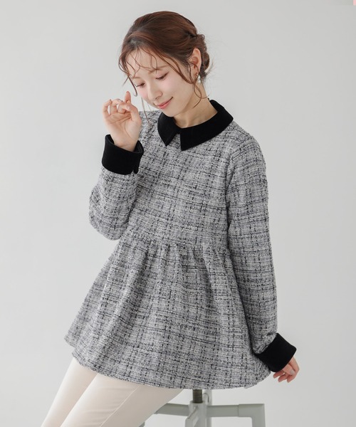 Fit more(フィットモア)の「ツイードベロアカラーペプラムトップス(その他トップス・レディース・ピンク/ベージュ/グレー・FREE)」の2枚目の写真