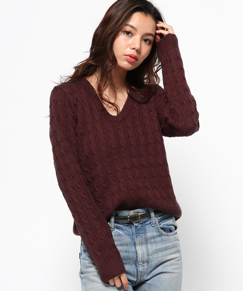 MOUSSY（マウジー）の「Cable sweater（ニット/セーター・レディース・キャメル/ボルドー/カーキ/オフホワイト・FREE）」の4枚目の写真