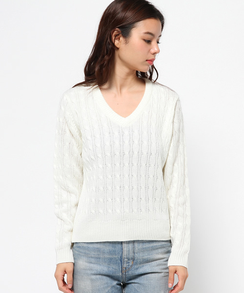 MOUSSY（マウジー）の「Cable sweater（ニット/セーター・レディース・キャメル/ボルドー/カーキ/オフホワイト・FREE）」の7枚目の写真