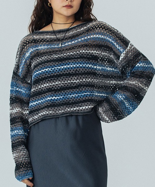 ROSE BUD(ローズバッド)の「MESH KNIT P/O(ニット/セーター・レディース・ブラック/オフホワイト/ブルー・ONE SIZE)」の1枚目の写真