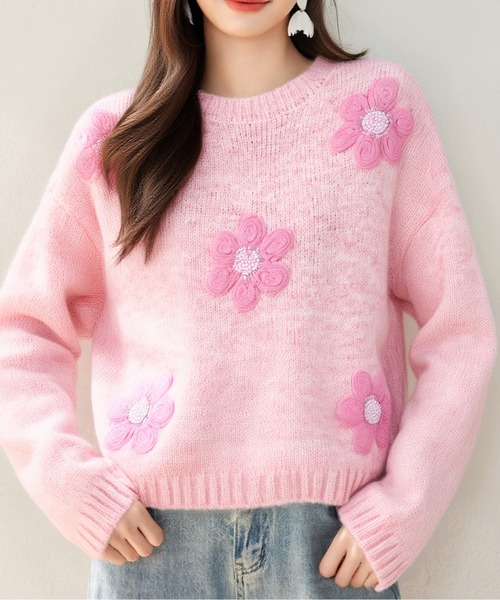 AMAJI（アマジ）の「デイジージャガードニットトップス（ニット/セーター・レディース・ラベンダー/ピンク・LARGE/MEDIUM）」の3枚目の写真