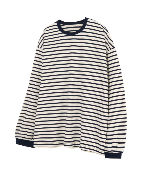 EXCONTAINER（エックスコンテナ）の「ルーズフィットストライプロングスリーブ (アイボリー/ネイビー)（Tシャツ/カットソー・メンズ・その他・MEDIUM/LARGE/X-LARGE）」の2枚目の写真