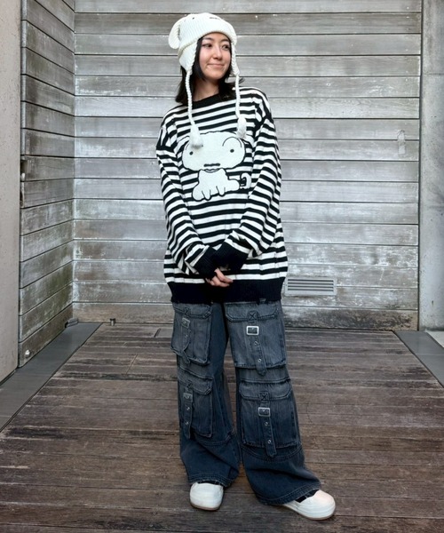 Candy Stripper(キャンディストリッパー)の「【クレヨンしんちゃん】シロ ダメージ ボーダー ニット(ニット/セーター・レディース・ライトブルー/ブラウン/ブラック×ホワイト・FREE)」の6枚目の写真