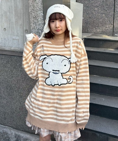 Candy Stripper(キャンディストリッパー)の「【クレヨンしんちゃん】シロ ダメージ ボーダー ニット(ニット/セーター・レディース・ライトブルー/ブラウン/ブラック×ホワイト・FREE)」の18枚目の写真