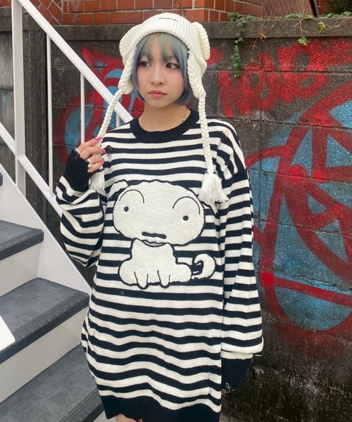 Candy Stripper(キャンディストリッパー)の「【クレヨンしんちゃん】シロ ダメージ ボーダー ニット(ニット/セーター・レディース・ライトブルー/ブラウン/ブラック×ホワイト・FREE)」の21枚目の写真