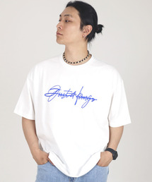 JUSTHANG（ジャストハング）の「Big logo blue white oversized short-sleeved T-shirt（Tシャツ/カットソー）」