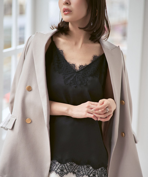 Noble（ノーブル）の「リバーレーストリミングサテンキャミソール（キャミソール・レディース・ブラック/ホワイト・FREE）」の3枚目の写真