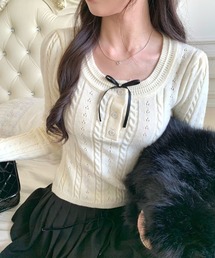 リボン×ケーブル編み パフスリーブニットトップス