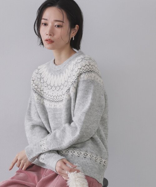 【新品未使用タグ付き】THE TOE グレー刺繍ニットセーター ノルディック調ニット【洗濯機OK】（ニット/セーター）｜OPAQUE.CLIP