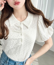 CLETTEオリジナルリボンデザイン長袖シャーリングブラウス | 大きい 