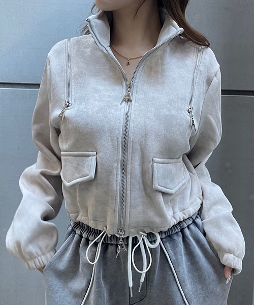 ROGER AND RAW（ロジャーアンドロウ）の「[裏起毛]ショルダージップデザイン スタンドネックジャケット（スウェット・レディース・グレー/ブラック/ホワイト・FREE）」の2枚目の写真