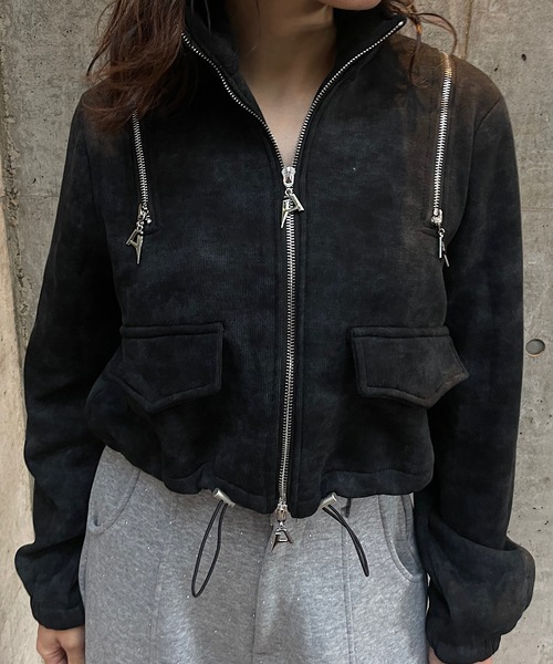 ROGER AND RAW（ロジャーアンドロウ）の「[裏起毛]ショルダージップデザイン スタンドネックジャケット（スウェット・レディース・グレー/ブラック/ホワイト・FREE）」の4枚目の写真