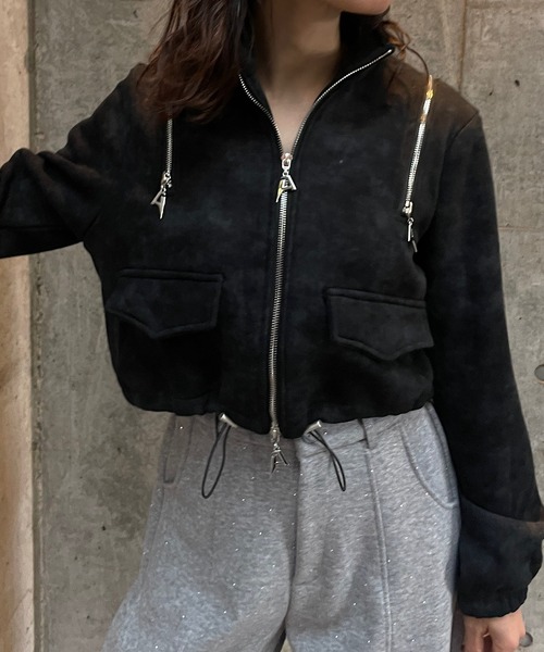 ROGER AND RAW（ロジャーアンドロウ）の「[裏起毛]ショルダージップデザイン スタンドネックジャケット（スウェット・レディース・グレー/ブラック/ホワイト・FREE）」の5枚目の写真