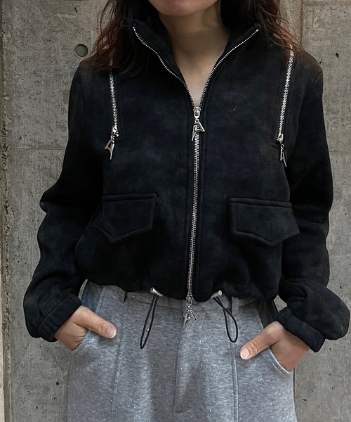 ROGER AND RAW（ロジャーアンドロウ）の「[裏起毛]ショルダージップデザイン スタンドネックジャケット（スウェット・レディース・グレー/ブラック/ホワイト・FREE）」の7枚目の写真