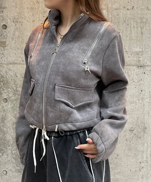 ROGER AND RAW（ロジャーアンドロウ）の「[裏起毛]ショルダージップデザイン スタンドネックジャケット（スウェット・レディース・グレー/ブラック/ホワイト・FREE）」の13枚目の写真